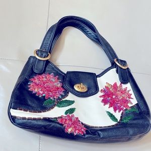 Rare Vintage Marco Avane Black Leather Bag Purse With Floral Sequin Desi…